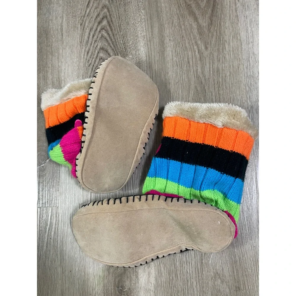 Disney Mickey Mouse Slipper Boots Kids‎ Large XL Striped Knit Faux Fur Lined